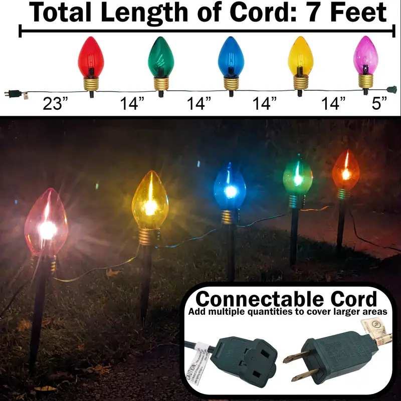 Extra-Large 7.5-Inch Outdoor/Indoor Christmas Walkway & Hanging Lights – 5-Color LED String (Red, Green, Blue, Yellow, Purple) with Removable Stakes and 7-Foot Connectable Cord