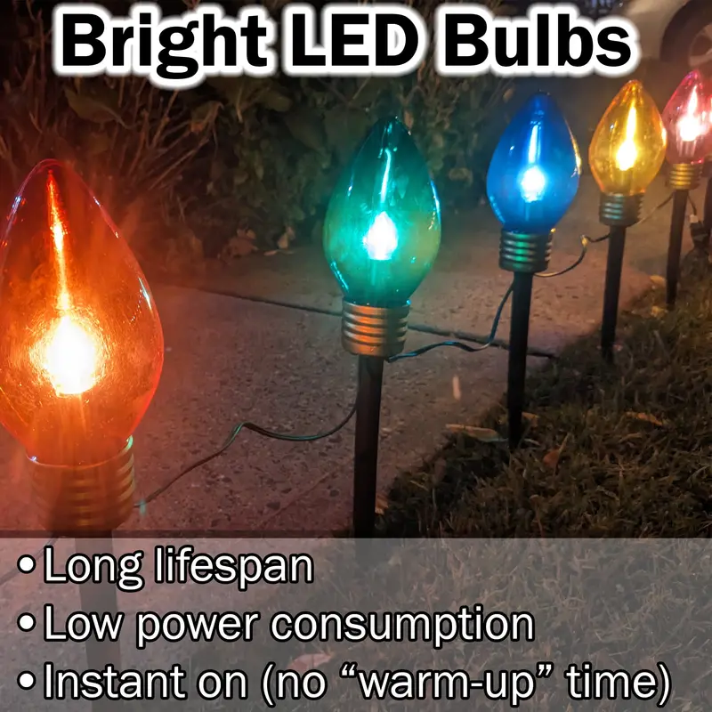 Extra-Large 7.5-Inch Outdoor/Indoor Christmas Walkway & Hanging Lights – 5-Color LED String (Red, Green, Blue, Yellow, Purple) with Removable Stakes and 7-Foot Connectable Cord