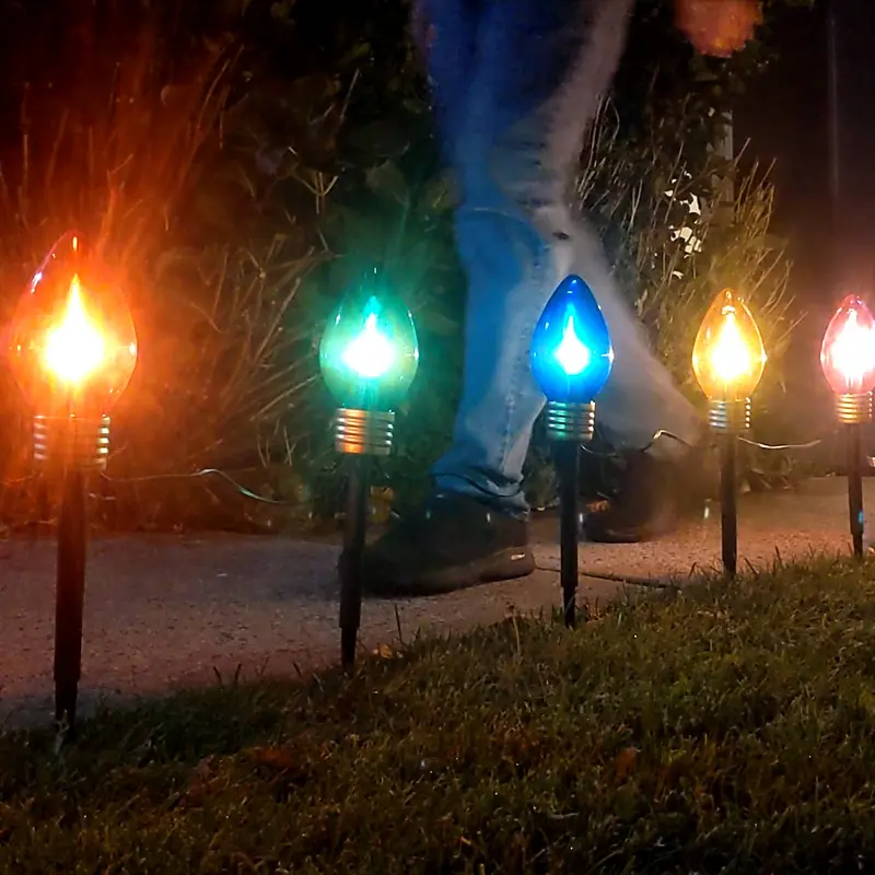 Extra-Large 7.5-Inch Outdoor/Indoor Christmas Walkway & Hanging Lights – 5-Color LED String (Red, Green, Blue, Yellow, Purple) with Removable Stakes and 7-Foot Connectable Cord