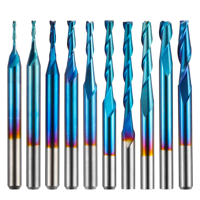 FN10A Spiral End Mill Set – 10-Piece, 2-Flute Flat Nose Cutters (0.8–3.175mm) with 1/8″ Shank