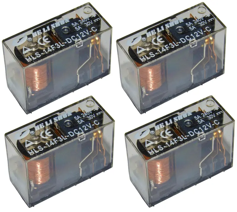 Four 12V 5A Single-Pole Relay Modules (HLS-14F3L-DC12V-C) – Clear Housing, 270Ω Coil