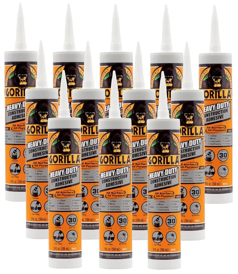 Gorilla Heavy-Duty Construction Adhesive Cartridges – 12-Pack, 9 oz Each, White