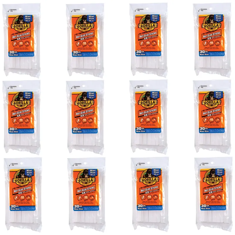 Gorilla Mini Hot Glue Sticks – 360 Count (4″ × 0.27″), Clear, Extended 45-Second Working Time