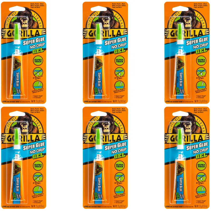 Gorilla No-Drip Super Glue Gel – 6-Pack, 15 g Tubes, Fast-Setting Formula