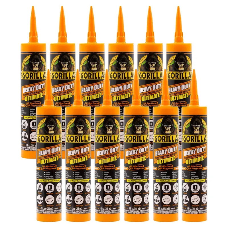 Gorilla Ultimate Construction Adhesive – 12-Pack (9 oz Cartridges, White)