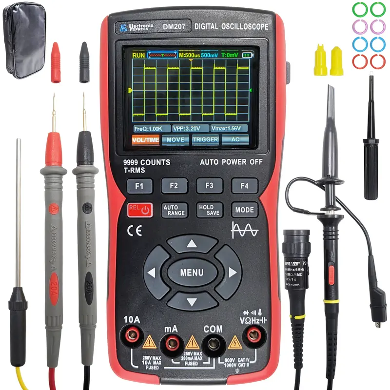 Handheld 10 MHz Oscilloscope + True RMS Multimeter (9999 Counts) with Temperature Sensing & Rechargeable Battery