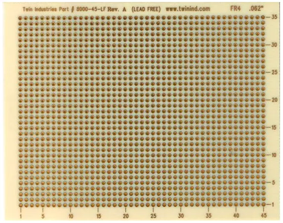 Lead-Free 4″ x 5″ Protoboard with 0.1″ Grid Spacing and Plated Through-Hole Contacts (Model 8000-45-LF)