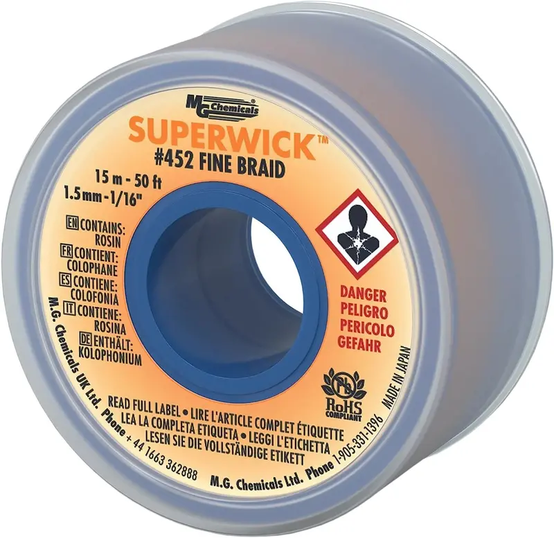 MG Chemicals 452 Fine Desoldering Braid – RMA-Fluxed Super Wick, 0.05″ Width × 50′ Length, Yellow