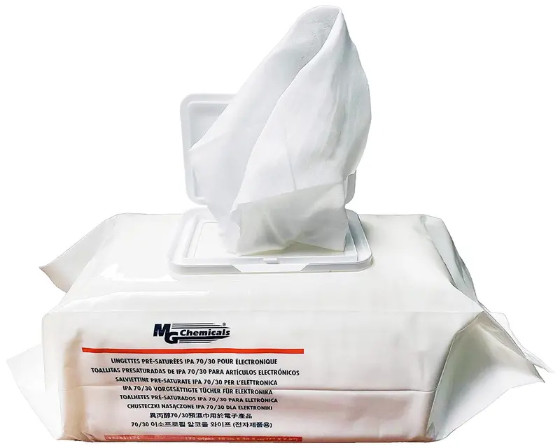 MG Chemicals 70/30 Isopropyl Alcohol Wipes — 140 Presaturated Electronics Cleaning Pads in Resealable Pack
