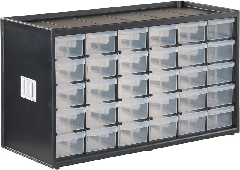 Modular 30-Drawer Storage System — Stackable Small-Parts Organizer in Black/White