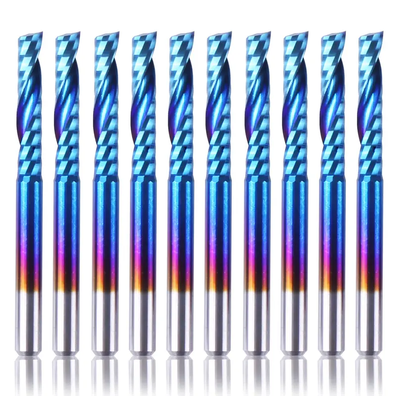 Nano Blue-Coated Flat-End Mill Bits, SS17, 1/8-Inch Shank, Single-Flute Design, 10-Piece