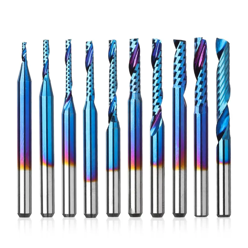 OS10A CNC End Mill Bits – 10-Piece Single-Flute Carbide Spiral O-Flute Router Bits, 1/8″ Shank