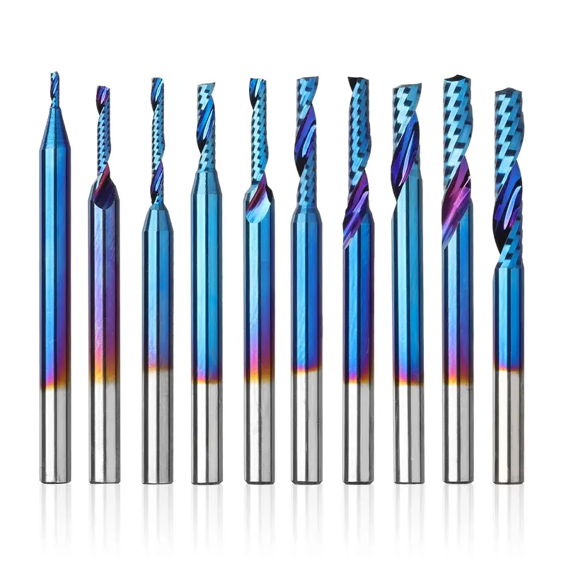OS10B CNC End Mill Bits – 10-Piece Single-Flute Carbide Spiral O-Flute Router Bits, 1/8″ Shank, Nano Blue Coating (HRA 91.5)