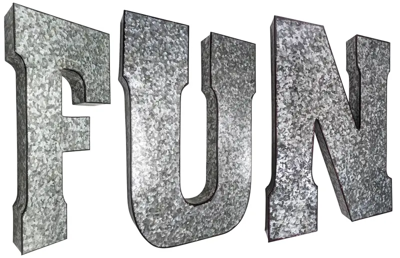 Rust-Edged Silver “FUN” Wall Letters – 20″ Tall Galvanized Metal Hanging Decor for Farmhouse or Mid-Century Interiors
