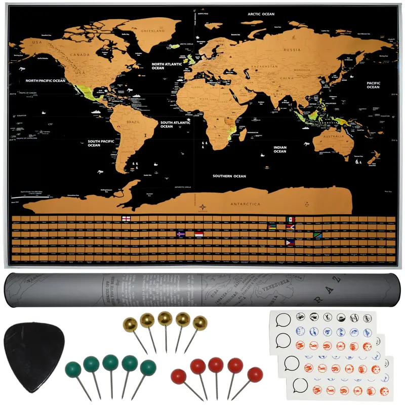 Scratch-Off World Travel Map Poster — 32″ x 23″ Topographic Design with Flags, Pins, Stickers & Scraper