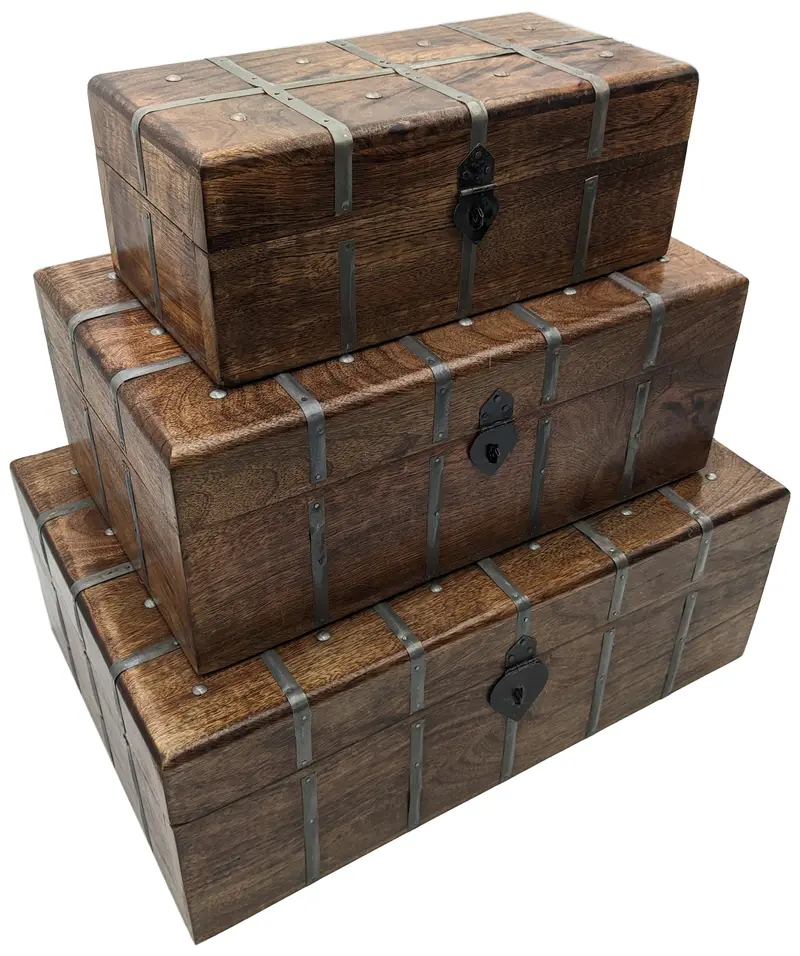 Set of 3 Nesting Wooden Pirate Chests – Hinged Design, Gray Metal Trim & Black Locking Hasps