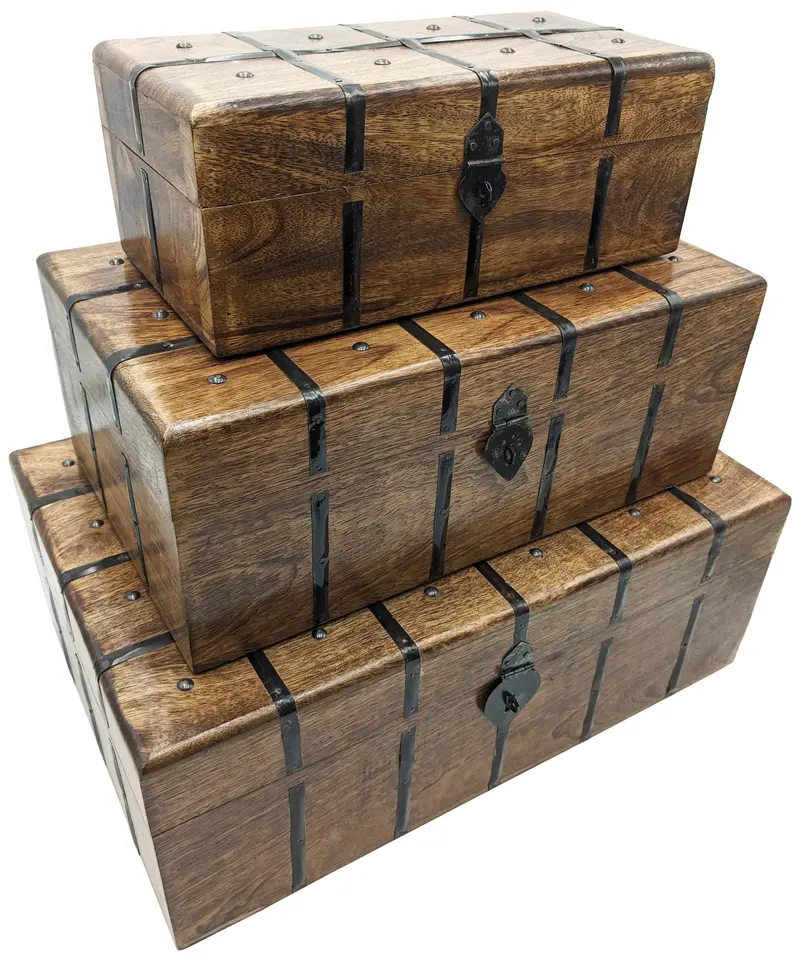 Set of 3 Nesting Wooden Pirate Treasure Chests – Small/Medium/Large, Black Metal Accents & Lock Hasps
