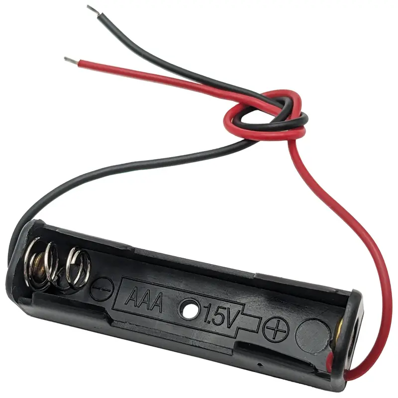 Single AAA Battery Holder with Pre-Attached Wire Leads – Black Plastic Housing (1.97″ × 0.53″ × 0.49″)