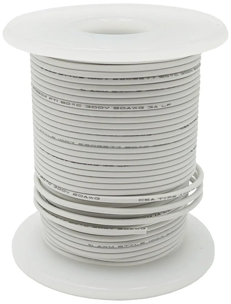 White 20 AWG Solid Hook-Up Wire – 100-Foot Roll, Tinned Copper, PVC Insulation, 300V Rating