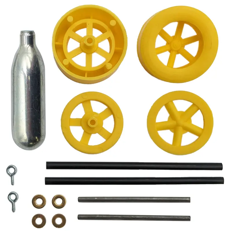 Yellow CO₂ Dragster Component Kit – Includes Wheels, Axles, Screw Eyes, and Cartridge for Quick Assembly
